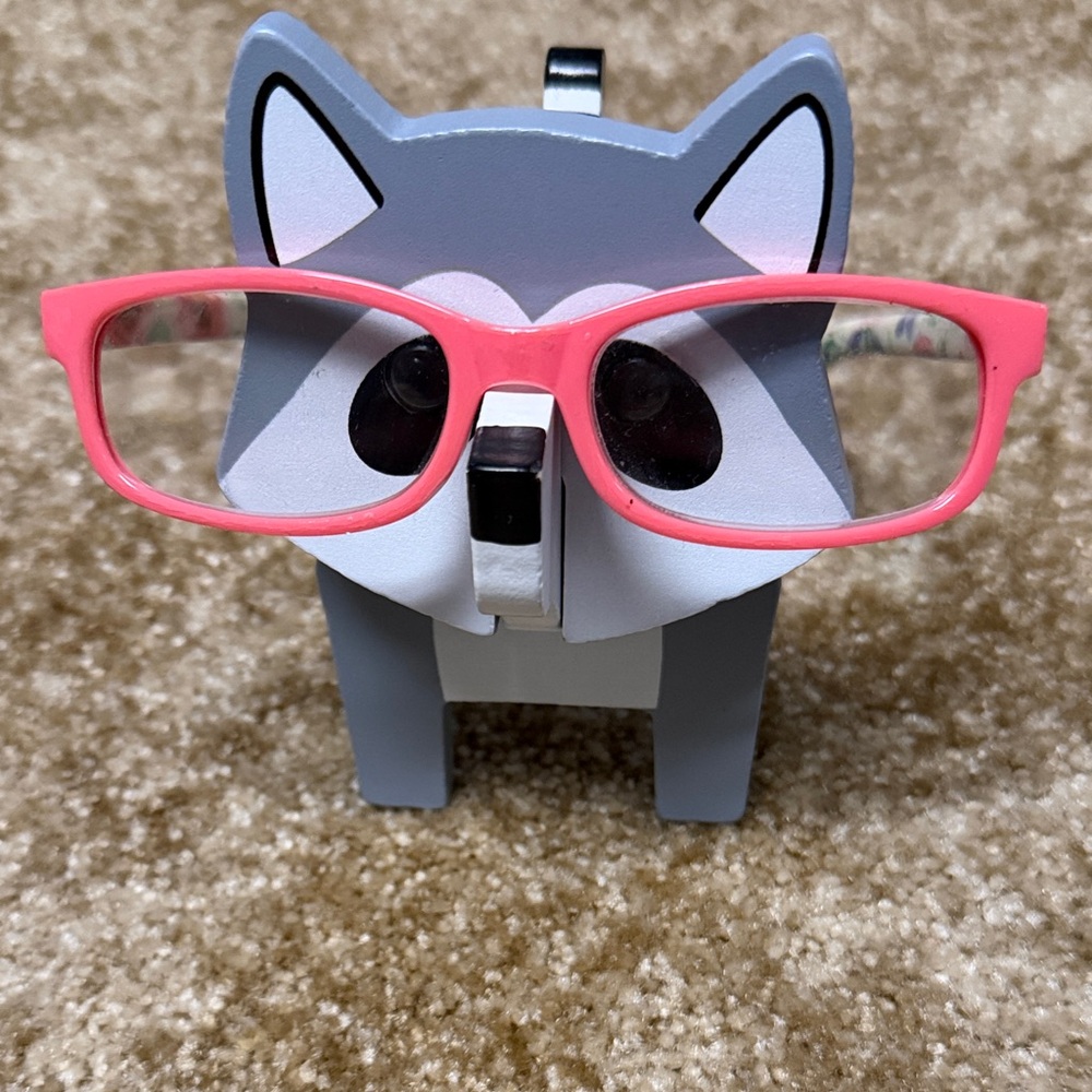Adorable white and Gray Raccoon Glasses Holder and pink readers